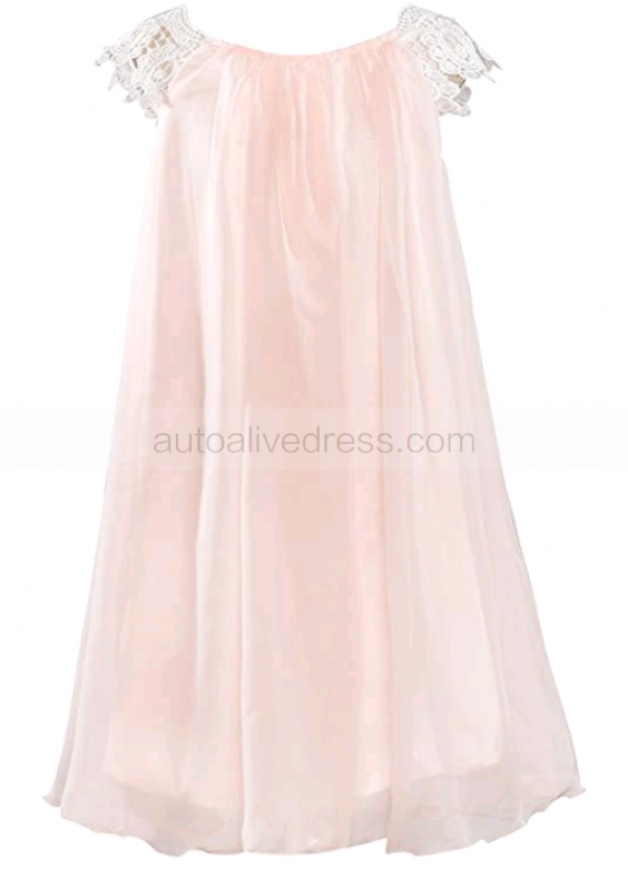 Ivory Lace Cap Sleeves Blush Pink Chiffon Flowy Bohemian Flower Girl Dress